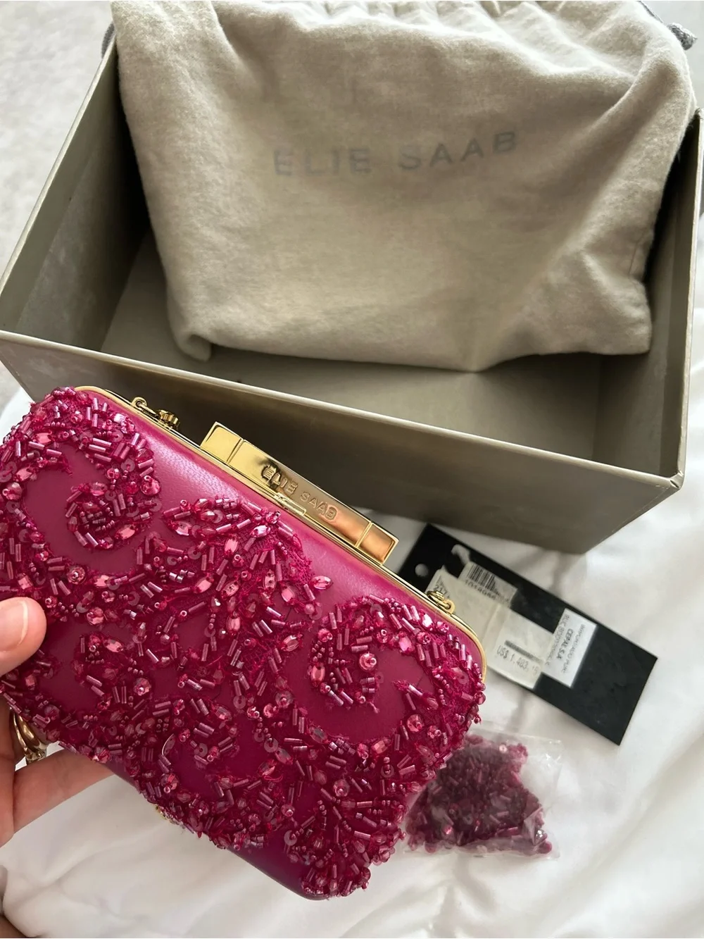 Elie Saab Pink Beaded Satin Minaudière with Gold Chain